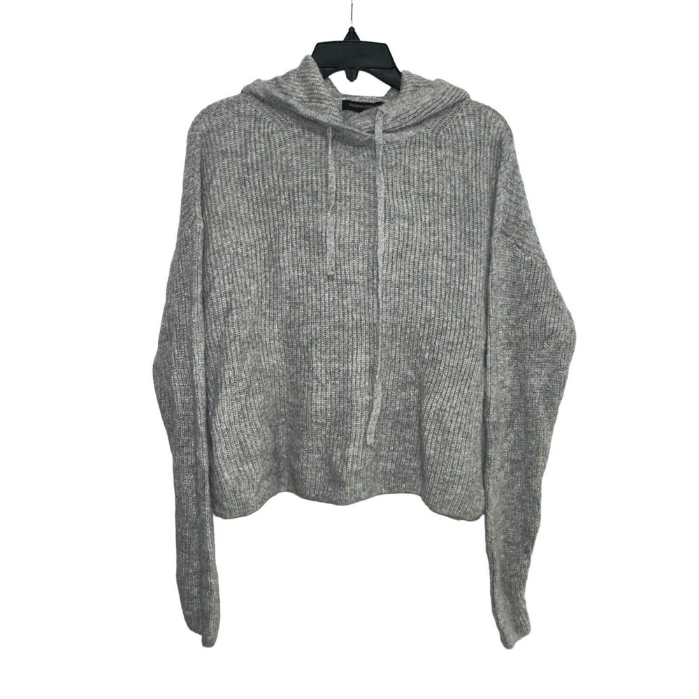 Banana Republic Womens Knit Sweater Size S Gray V-Neck Hooded Cropped Drawstring